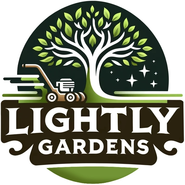 Lightly Gardens Logo, green hues, stylised lawnmower, portrays fast efficient garden services